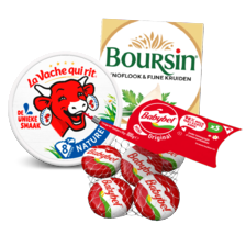 Boursin knoflook & fijne kruiden
bakje à 80 gram,
La Vache qui rit smeerkaas 40+
doosje à 120 gram
of Mini Babybel
netje à 5 stu